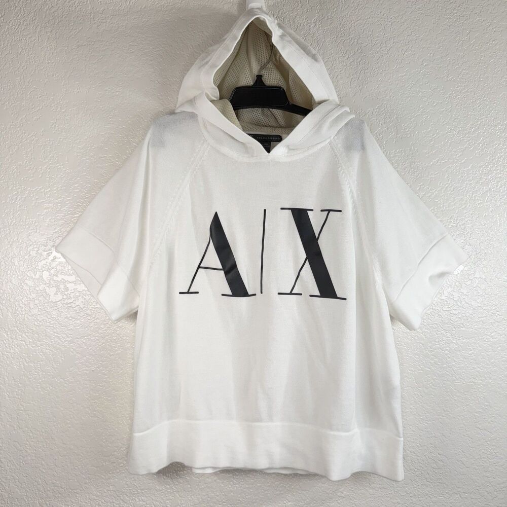 Armani Exchange A|X Cropped Hoodie Shirt XS White Short Sleeve 100% Cotton
